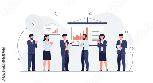 Business team applauding successful presentation with charts and graphs