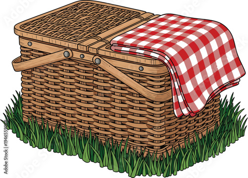 Wicker Picnic Basket with Red and White Gingham Cloth.