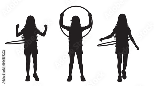 Silhouettes of three young girls playing with hula hoops in various poses, captured on a white background.