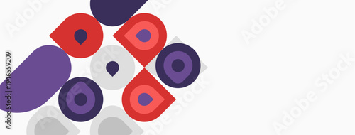 Abstract shapes, circles, squares, purple, red, gray. Minimalist design, geometric patterns, simple composition, modern aesthetic.