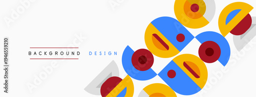 Abstract geometric shapes overlap, creating vibrant background design. Colors include red, blue, yellow, gray. Minimalist style.