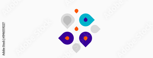 Abstract design features colorful droplet shapes. Minimalist style with purple, teal, orange, gray hues on white background. Modern graphic element.