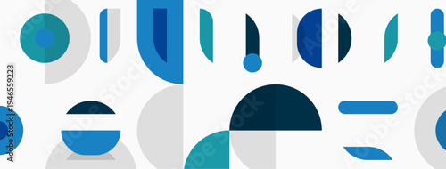 Abstract geometric shapes, blues, grays dominate composition. Minimalist design, clean lines, modern aesthetic. Simple forms create visual rhythm.