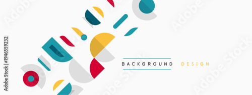 Abstract geometric shapes overlap, creating modern background design. Colors include blue, yellow, red, gray. Minimalist style.