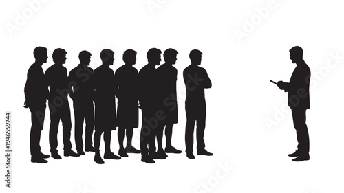 Silhouettes of men standing in a group listening to a speaker holding a tablet device against a white background