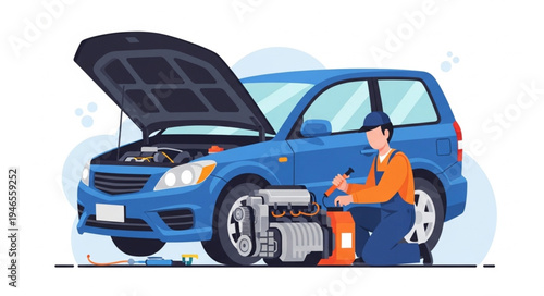 Mechanic Working on Car Engine.