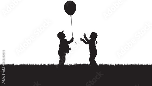 Balloon black silhouette of children playing on grass under a bright white sky, representing joyful childhood moments.