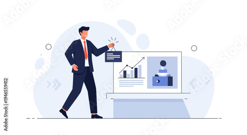 Businessman presenting financial growth chart and user profile on screen