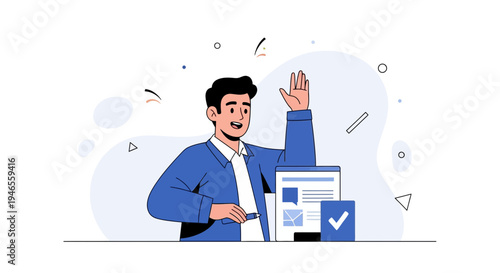 Man Raising Hand, Business Meeting, Online Survey, Positive Feedback, Decision Making