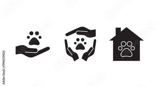Paw print icons depicting animal care, protection, and shelter services, presented in simple black silhouette style on a white background.