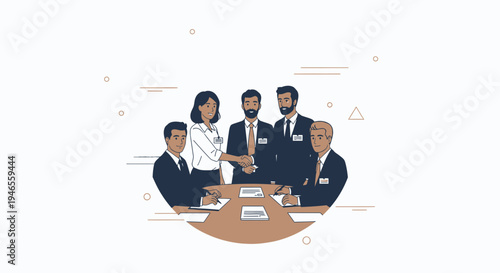 Business partners shaking hands over a deal at a meeting table with documents.