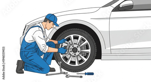 Mechanic changing car tire.