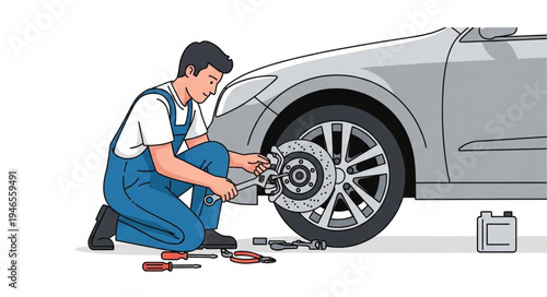 Mechanic changing car tire.