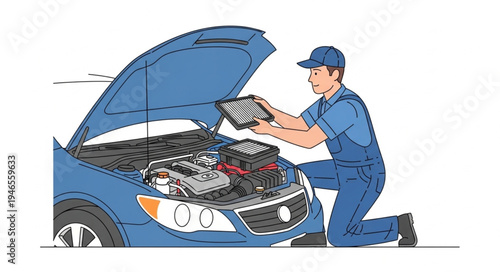 Mechanic working on car engine.