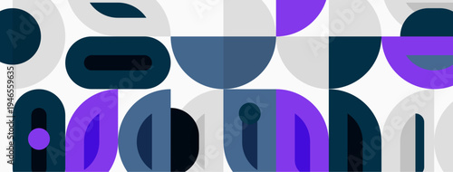 Abstract geometric shapes overlap, creating modern design. Purple, gray tones dominate composition. Minimalist aesthetic present.