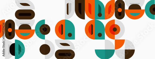 Abstract geometric shapes repeat. Orange, teal, brown, gray tones create modern pattern. Minimalist design evokes midcentury aesthetic.