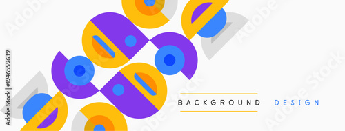 Abstract geometric shapes overlap, creating vibrant background. Colors include purple, orange, gray, yellow. Minimalist design feels modern, playful.