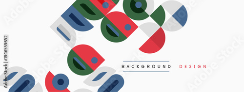 Abstract geometric shapes overlap, creating dynamic visual texture. Colors include red, green, blue, gray. Minimalist design for backgrounds.