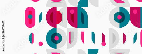 Abstract geometric pattern. Shapes include circles, ovals, rectangles. Colors are pink, teal, gray. Minimalist design, repeating elements.