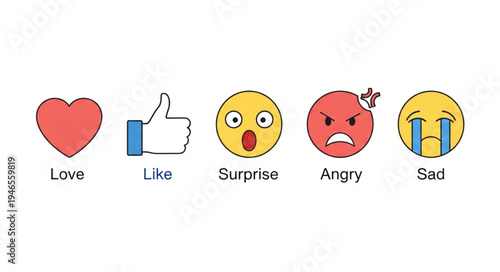 Collection of social media reaction icons including love like surprise angry and sad.