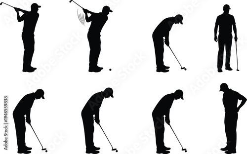 Black silhouette golfer illustrations showing swing and putting sequence, sports posture artwork for golf training, fitness, and design