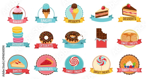 Collection of colorful dessert badges with various sweets and treats.