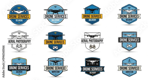 Collection of drone service logos with vintage and modern designs.