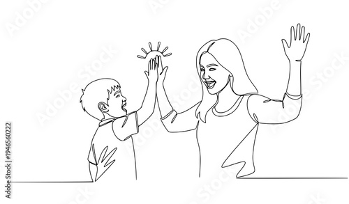 A minimalist line art illustration of a woman and child high-fiving