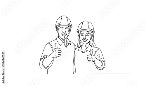 A vector graphic illustration of a man and woman in hard hats giving thumbs up