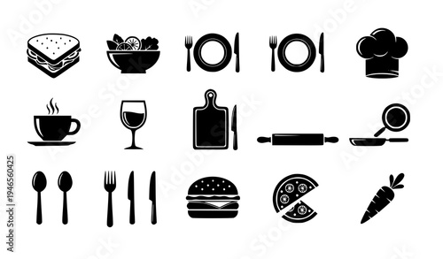 Dining food silhouette icons sandwich salad plate cutlery vector illustration set