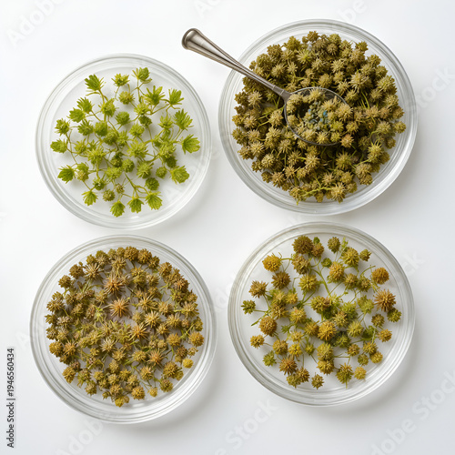 Fresh and dried agrimony herb in petri dishes and on a white background. Phytotherapy, herbal medicine concept