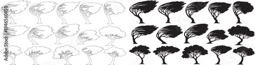 Large Collection of Wind Blown Tree Silhouettes and Outline Icons, Vector Set of Trees Leaning in Storm or Windy Weather, Minimalist Nature Elements Isolated on White Background