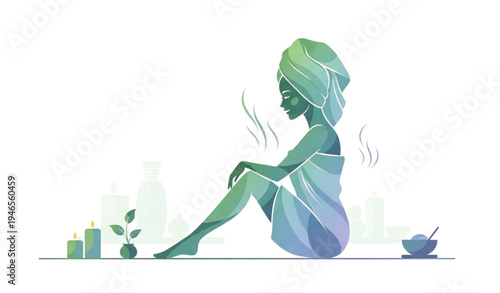 A serene woman enjoying a relaxing spa day with candles and skincare products