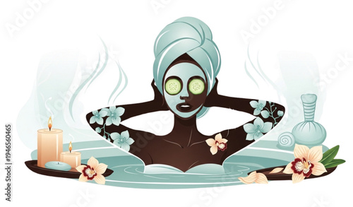 A serene woman enjoying a relaxing spa bath with candles and flowers