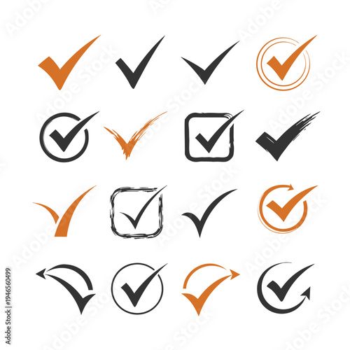 Collection of orange and black checkmark and arrow in various styles circle