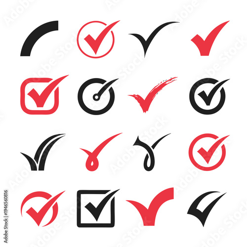 Collection of red and black checkmark and tick in various styles circle