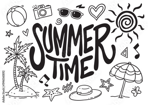 Summer Time Holiday doodle compilation set.  Vector art simple illustration icon set for web, t-shirt design, other graphic design use