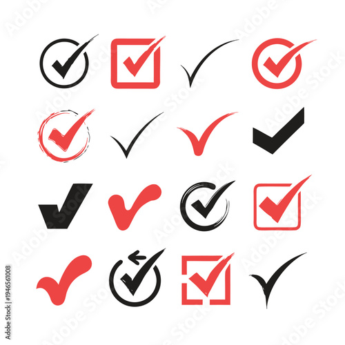 Collection of red and black checkmark symbols in various styles and shapes tick