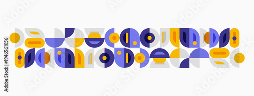 Abstract geometric pattern. Purple, yellow shapes repeat, creating midcentury modern aesthetic. Clean lines, simple forms dominate composition.