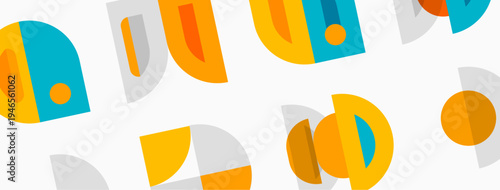 Abstract geometric pattern. Overlapping shapes create colorful, modern design. Orange, teal, gray dominate composition. Simple forms repeat.