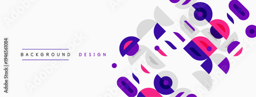 Abstract geometric shapes overlap, creating dynamic visual texture. Pink, purple, blue tones dominate white space. Modern design element.