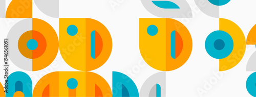 Geometric pattern features overlapping circles, semicircles. Orange, teal, gray hues create retro aesthetic. Simple shapes repeat seamlessly.