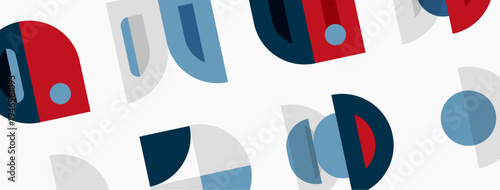 Abstract geometric pattern. Shapes overlap, creating colorful visual texture. Red, blue, gray dominate design. Simple forms repeat.