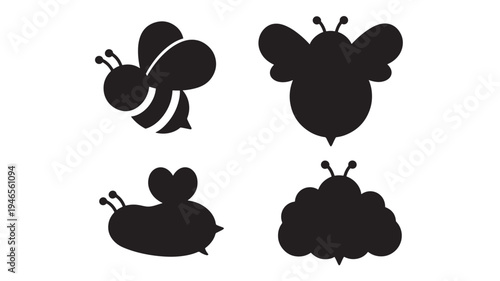 Four stylized black bee icons, each with a unique shape, are presented in a simple and graphic illustration on a white background.