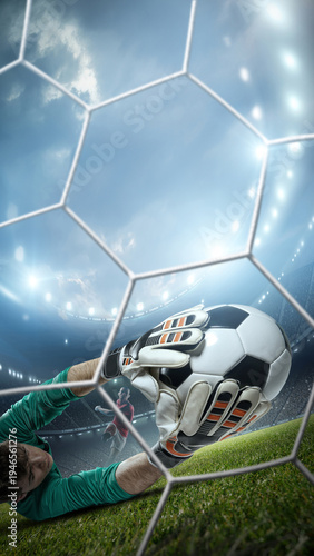 Goalkeeper catching the ball. An imaginary stadium is modelled and rendered.