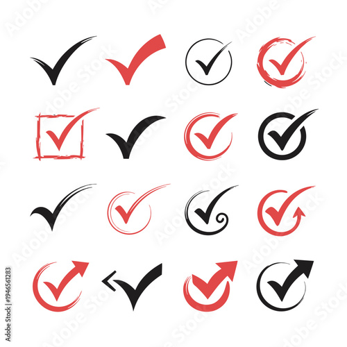 Collection of red and black checkmark symbols with various styles and backgrounds 1