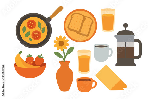 Colorful breakfast spread featuring eggs, toast, fruit, and beverages on a modern table setting