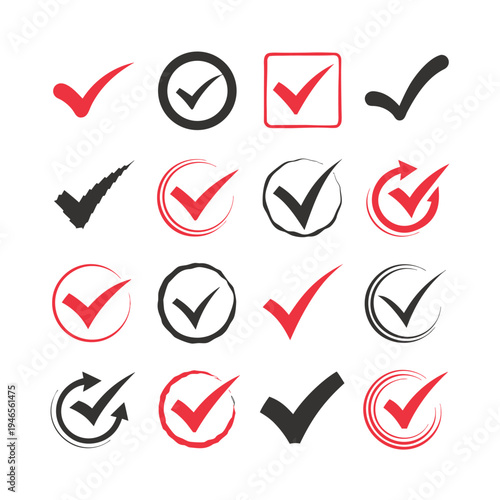 Collection of red and black checkmark symbols with various styles and backgrounds