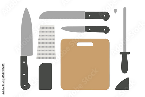 Kitchen tools arranged on a clean countertop ready for food preparation and cooking activities