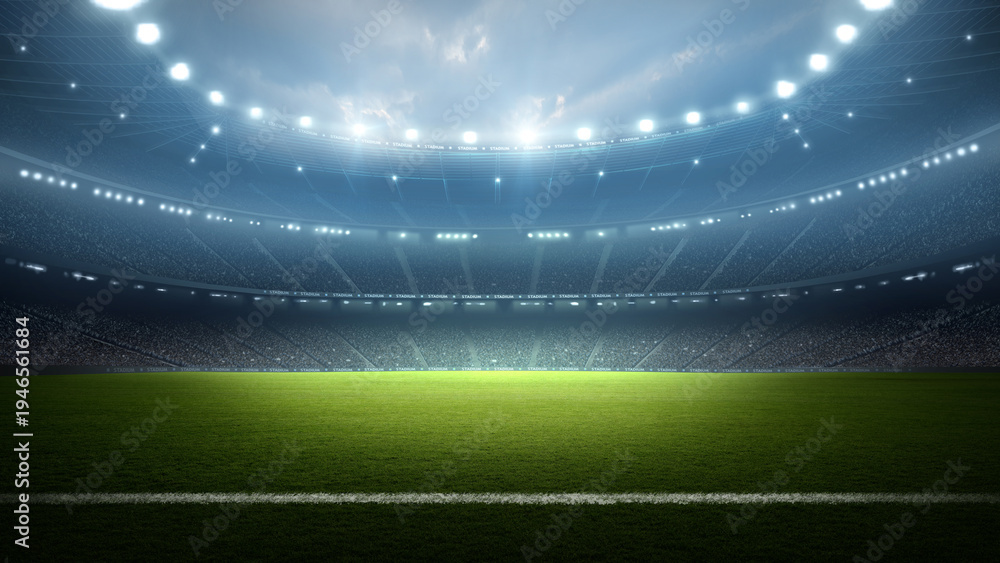 Obraz premium Football stadium at night. An imaginary stadium is modelled and rendered.